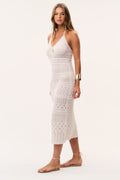 Ivory crochet midi dress, sleeveless V-neck with fitted waist and textured rows
