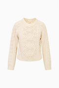 Ivory textured cable-knit sweater with long sleeves and crew neckline