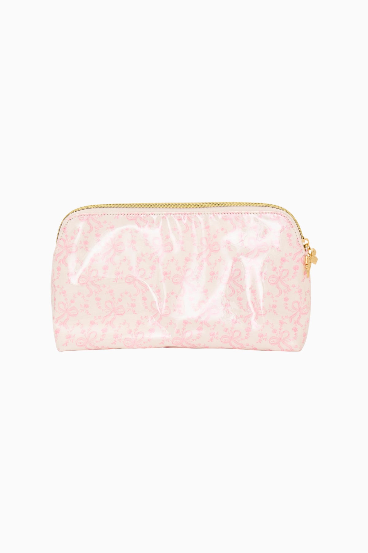 Pink printed medium travel pouch with zip top and gold-tone zipper pull