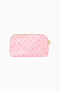 Pink quilted diamond travel pouch with zip top and gold-tone zipper pull