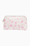 Medium travel pouch, white with pink rose print, zip closure