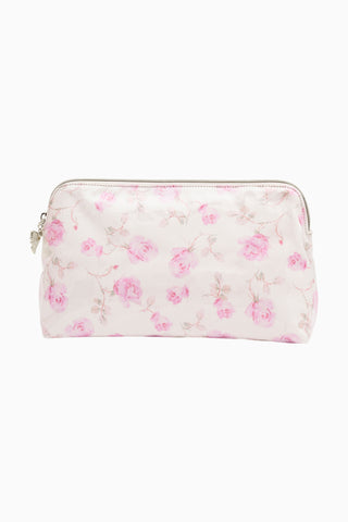 Medium travel pouch, white with pink rose print, zip closure