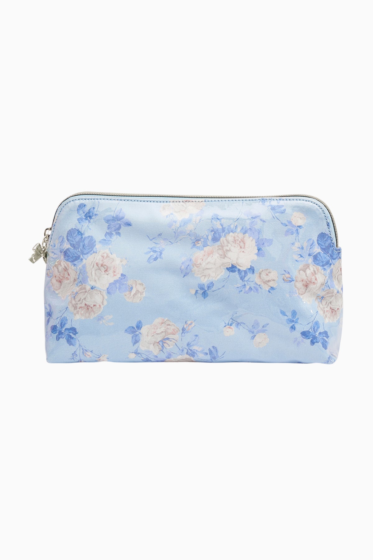 Medium travel pouch, light blue floral print, zip closure