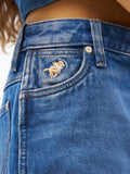 Denim mini skirt front pocket with embroidered horse logo and metal button