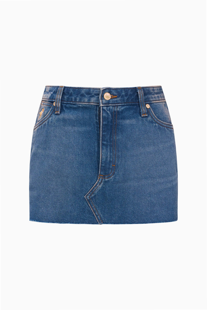Medium-wash denim mini skirt, button front with belt loops and patch pockets