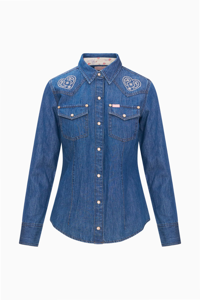 Medium-wash denim western snap shirt with two chest pockets and embroidered yoke details