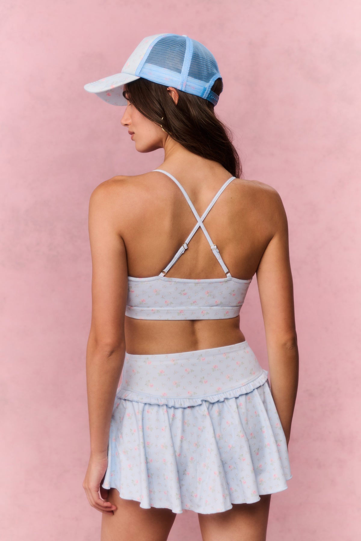 Light blue print active skort with back view ruffle layers and elastic waist