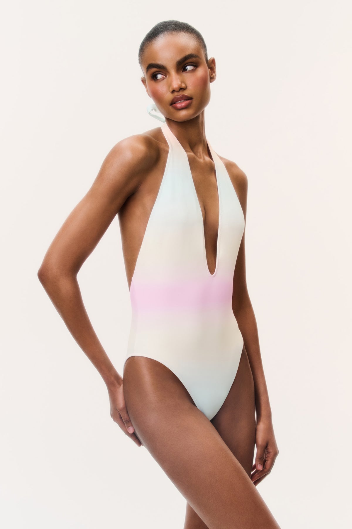 Ombre one-piece swimsuit with halter tie neck, plunging V front, pastel gradient color