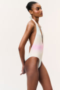Ombre one-piece swimsuit with halter tie neck, open back, pastel white to pink gradient