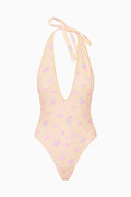 Floral halter one-piece swimsuit with open back and bow tie, pastel pink and yellow
