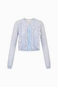 Light blue eyelet ruffle cardigan with long sleeves and button-front