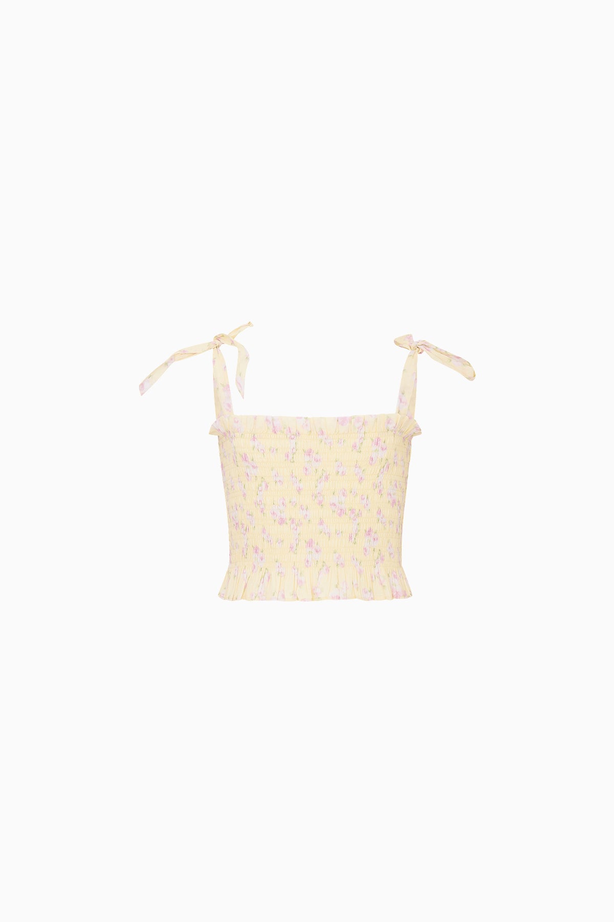 Girls light-yellow floral top with bow tie straps and tiered ruffle hem