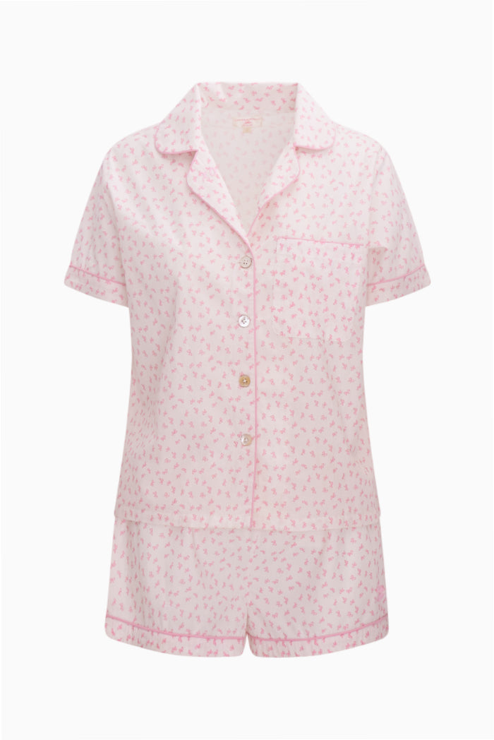 Pink patterned polo pajama short set with button-up top and matching shorts - Customized