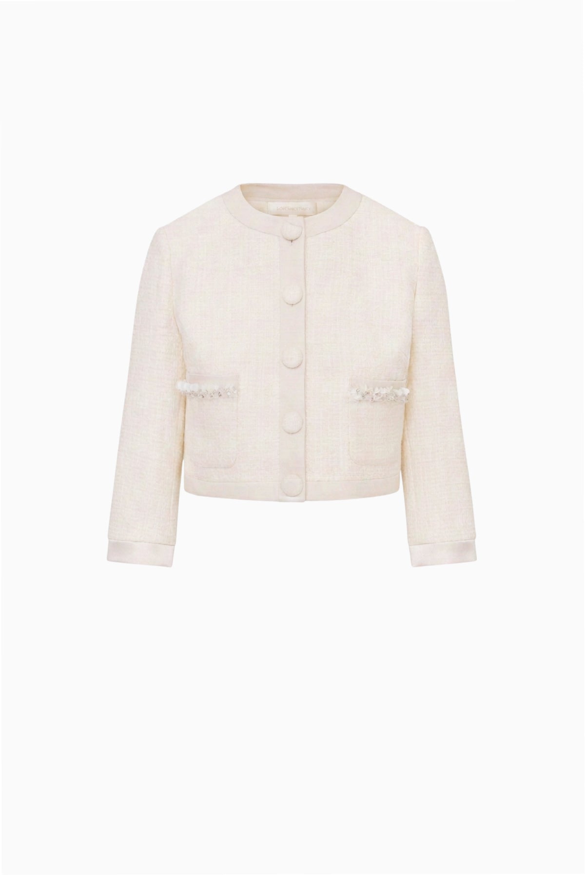 Ivory tweed mini jacket with button placket and flap chest pockets