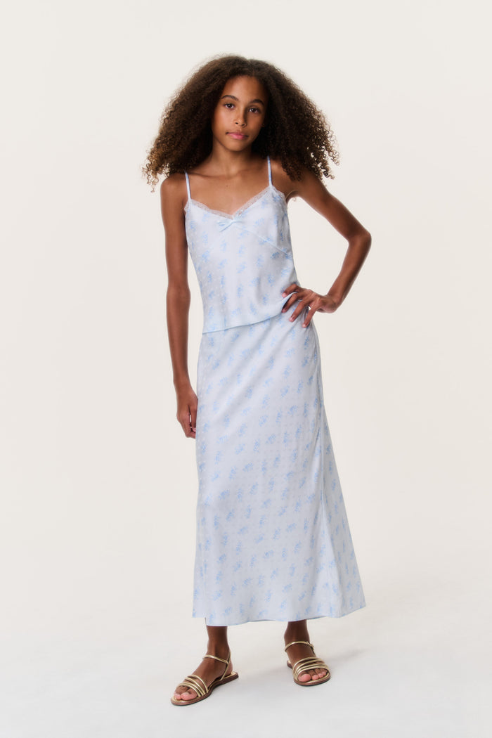 Tween light blue patterned midi skirt, smooth drape and straight hem