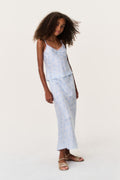 Tween silk-blend cami top with matching skirt, light blue allover pattern and thin straps