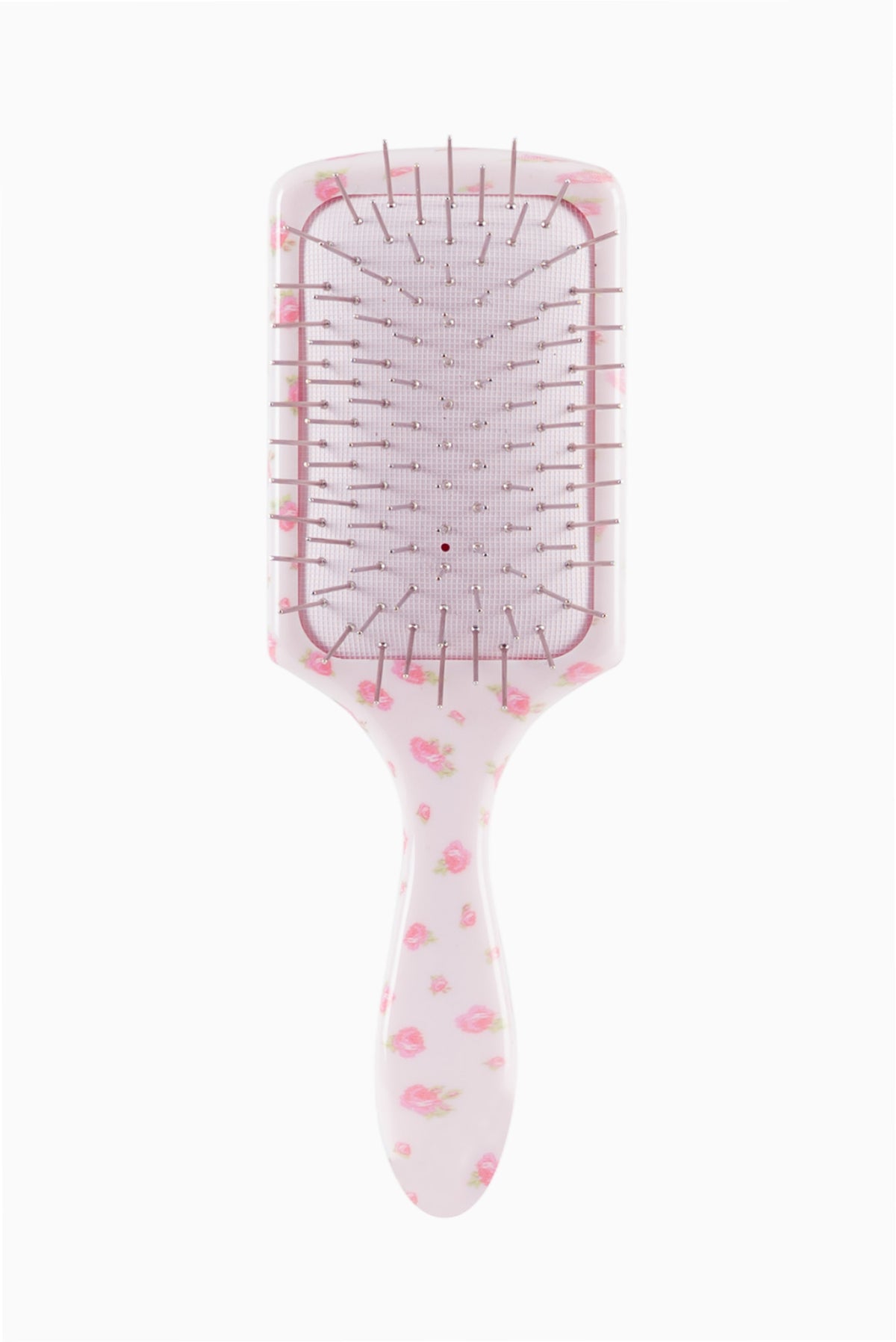 Pink floral mini detangling hair brush with pin tips on clear cushion