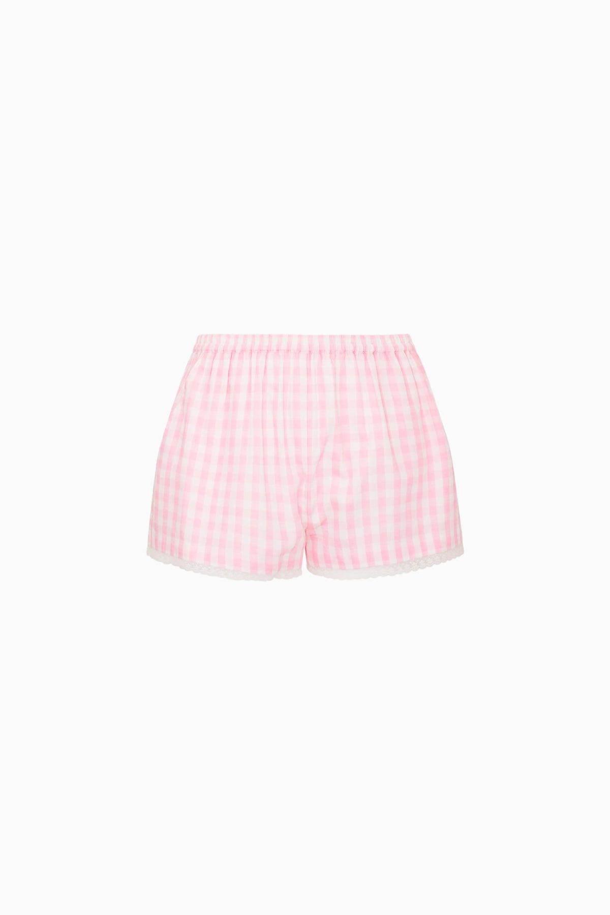 Pink gingham girls' shorts with elastic waistband and ruffled hem