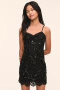 Black lace jetta dress with spaghetti straps and sequined bodice, mini length