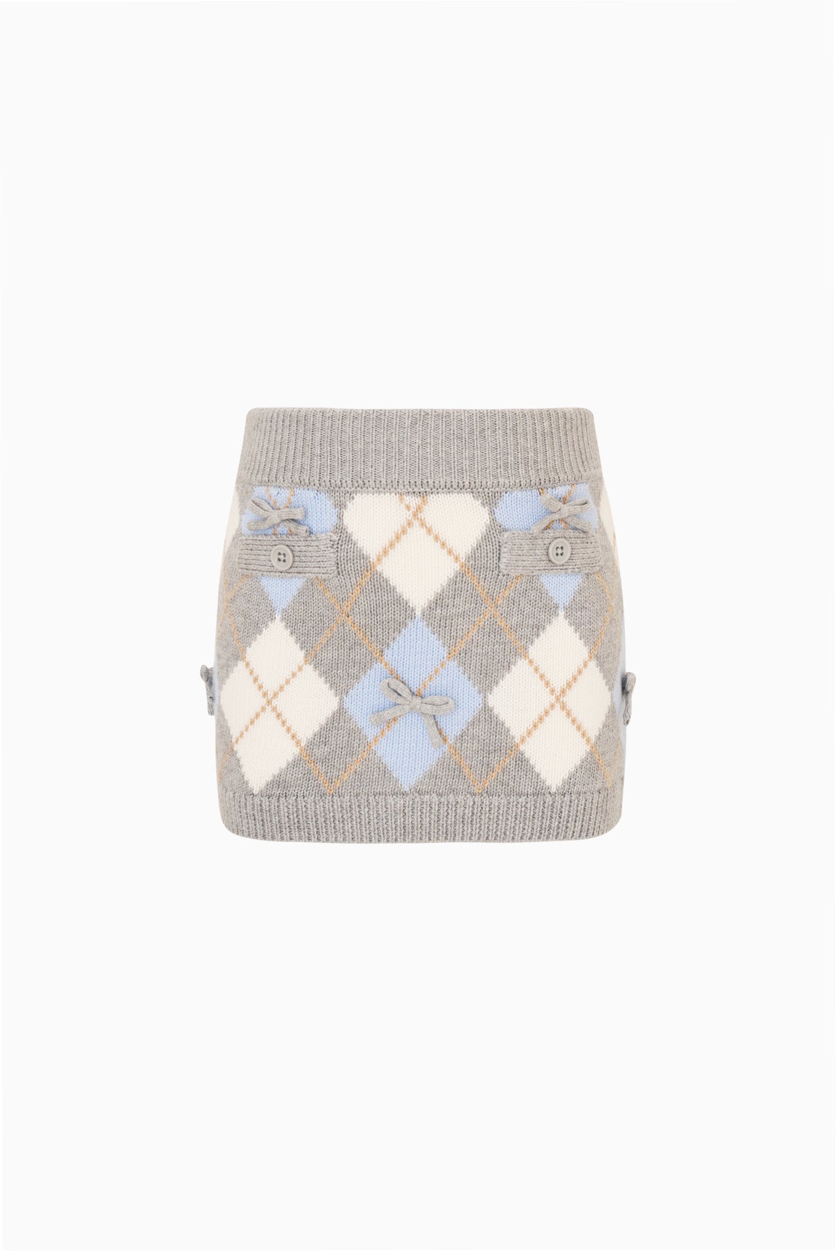 Girls argyle knit skirt with gray base, light blue diamond pattern, side pockets