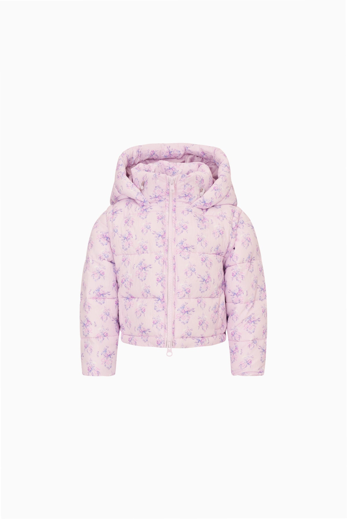Kids lilac floral hooded puffer jacket, zip front