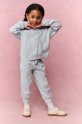 Girls' mini hoodie front view, light blue small print, hood with drawstrings and pouch pocket
