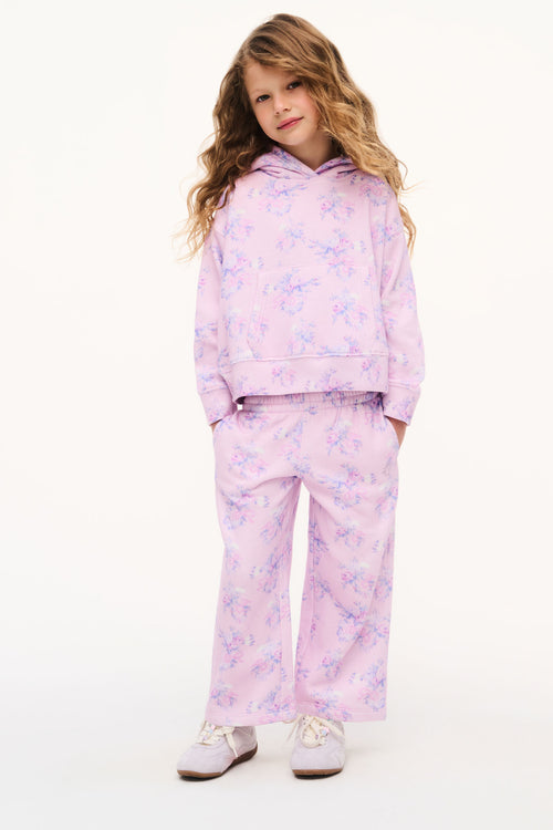 Girls' iced mauve hoodie and jogger set with floral print, hood and front pocket