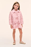 Girls' pink floral quilted jacket with button placket and patch pockets
