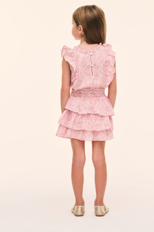 Pink floral girls tiered ruffle dress with cap sleeves and front buttons