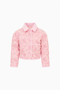 Girls' pink quilted jacket with floral print, button front, and pointed collar