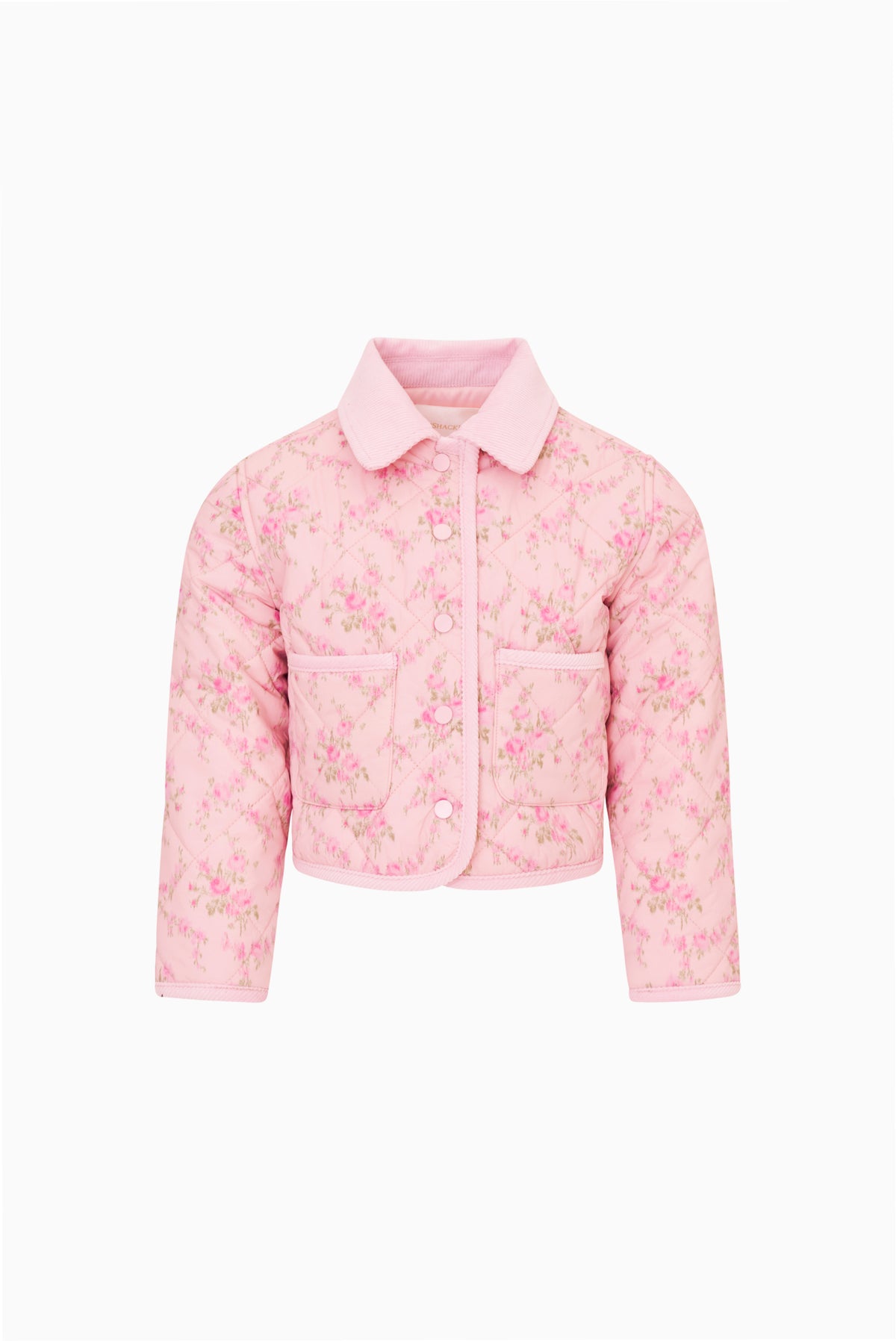 Girls' pink quilted jacket with floral print, button front, and pointed collar