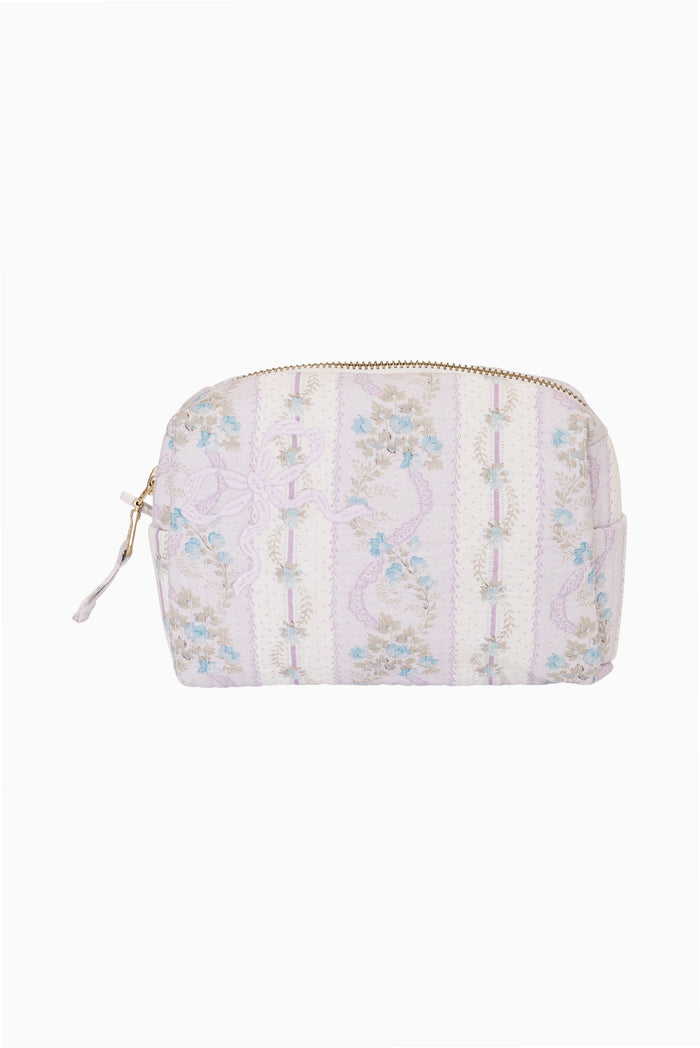 Mini patterned zip pouch bag in pastel lavender with all-over floral stripe print