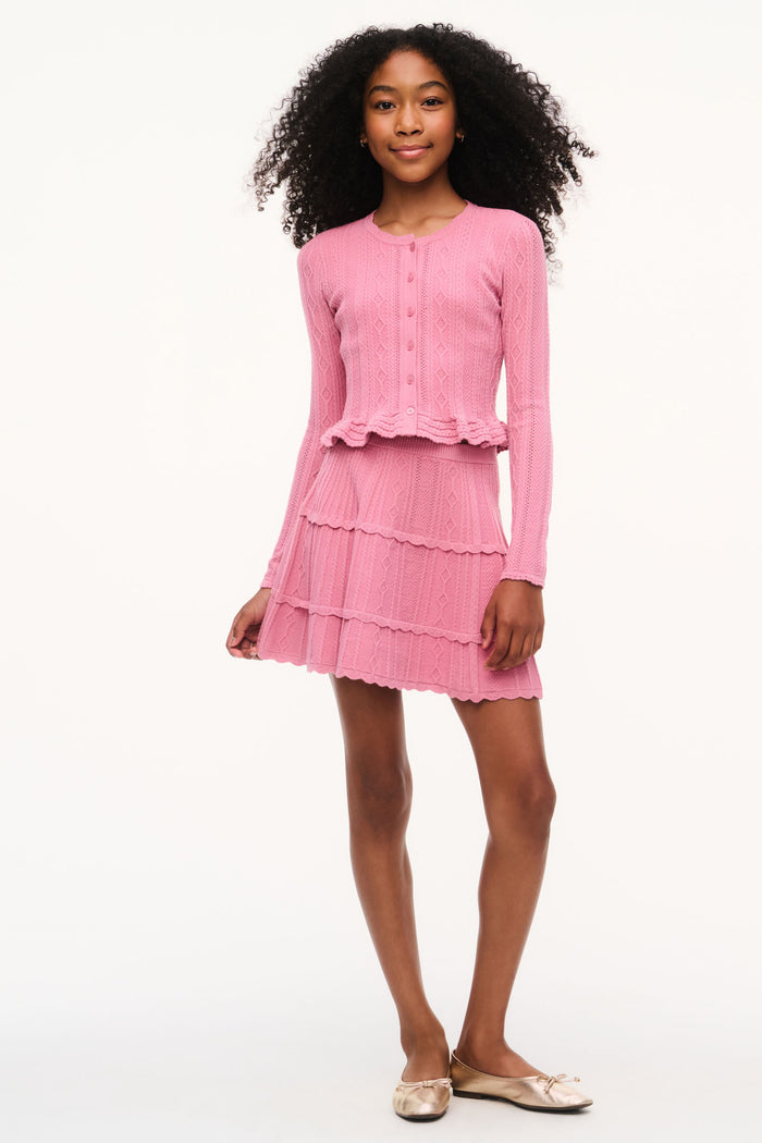 Pink pointelle knit tiered ruffle skirt, above-the-knee length