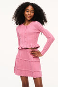 Girls pink pointelle cardigan with button front and tiered ruffle hem, long sleeves