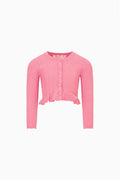 Girls pink pointelle knit cardigan with button front and ruffled hem