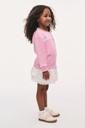 Girls pink crewneck sweatshirt pullover with front graphic and patch