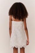 Ivory lace mini dress, open back with spaghetti straps and scalloped hem