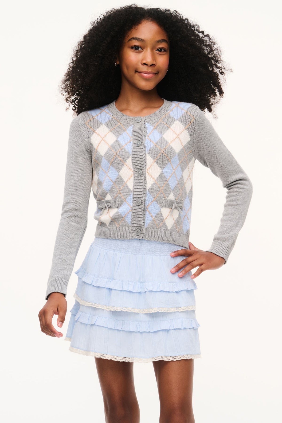 Light blue cotton ruffle skirt with layered tiers and frilly hem