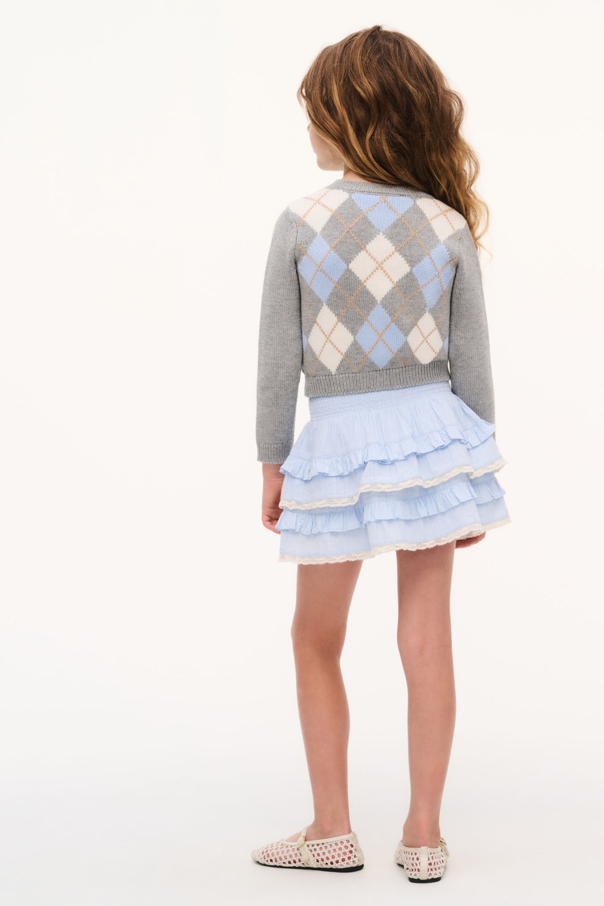 Light blue tiered ruffle cotton skirt with elastic waist, back view