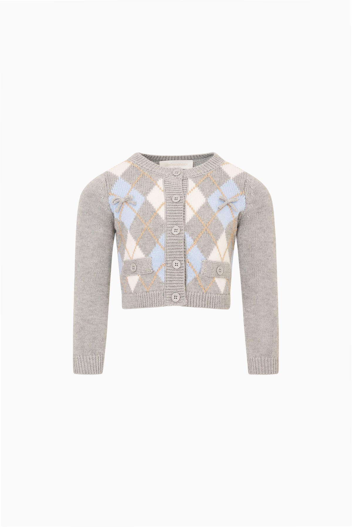 Girls argyle button cardigan, light gray knit with blue/white diamond pattern and chest pockets