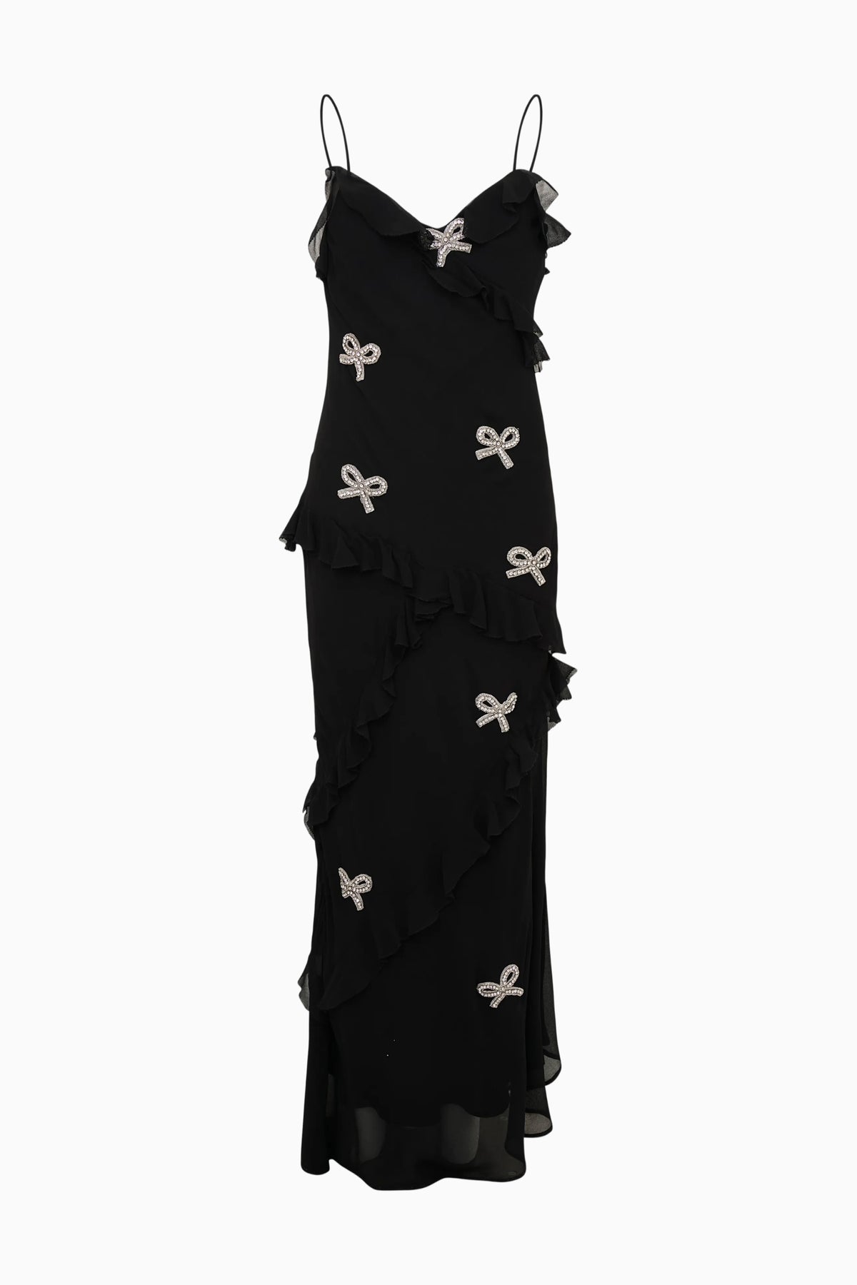 Black sleeveless mini dress with tiered ruffles and bow appliques, flat lay
