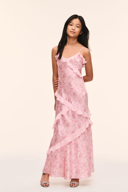 Tween pink floral silk-blend mini dress with ruffled tiered skirt and spaghetti straps