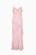 Pink floral chiffon tween dress with spaghetti straps and layered ruffle tiers