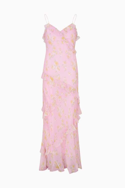 Tiered ruffled purple floral maxi dress on a white background