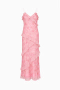 Pink floral mini dress with layered ruffles, spaghetti straps, and V-neck