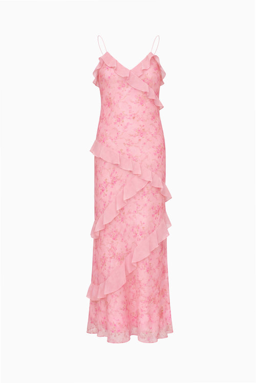 Pink floral mini dress with layered ruffles, spaghetti straps, and V-neck