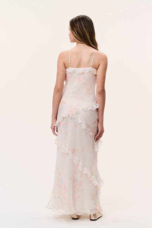 Tween silk mini dress back view with spaghetti straps and layered ruffles