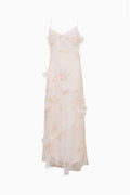 Tween silk mini dress with spaghetti straps and ruffled floral layers