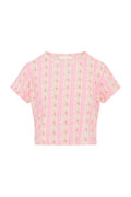 Girls cotton T-shirt, pink floral print all over, crew neck, short sleeves