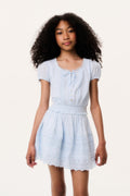 Tween mini skirt in light blue with tiered stripes and lace hem